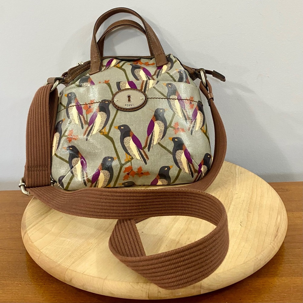 Fossil Key-Per Bird Print Crossbody Bag Coated Canvas Gray Purple Vintage Boho